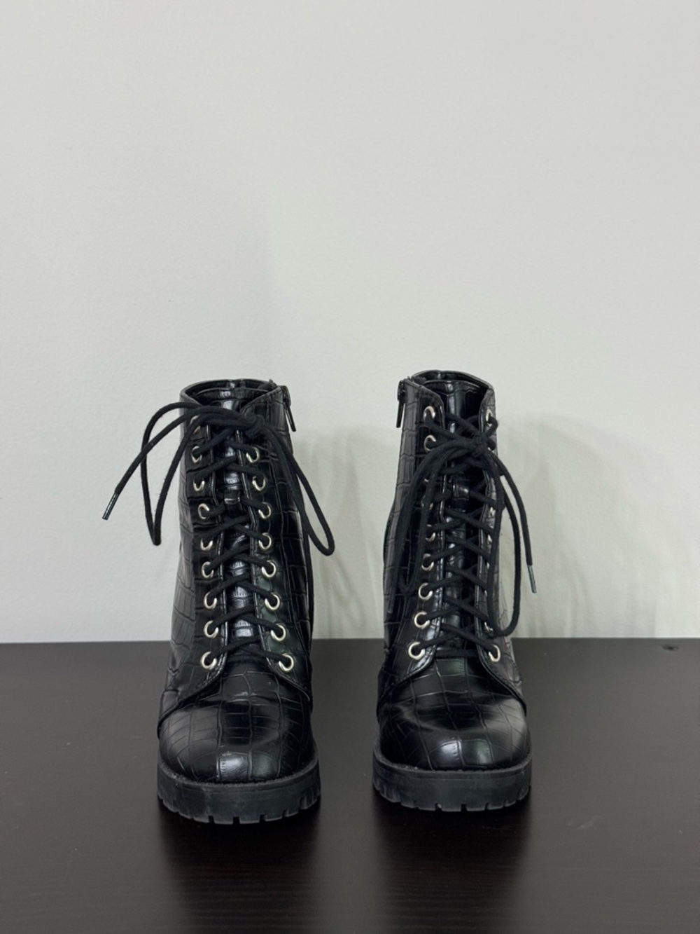 Black Croc-Embossed Lace-Up Platform Ankle Boots